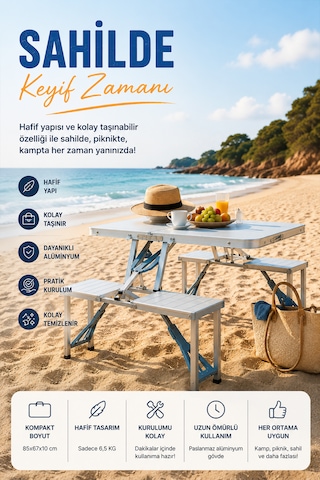 Robo 4 Kişilik Katlanır Kamp Masası Açık Gri