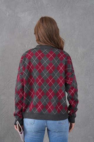 Kadın Polo Yaka Yarım Pat Düğme Detay Desenli Oversize Triko Kazak Antrasit