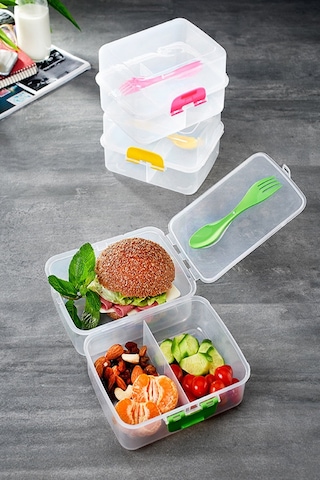 Periboia Şeffaf 3 Bölmeli 2 Katlı Çatal Kaşıklı Beslenme Kabı - D Çok Renkli