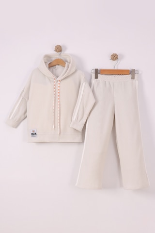 Monox Kız Çocuk Çiçek Baskılı İpli Şeritli Pantolon Fitilli Polar Takım Taş