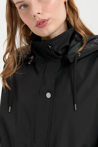 Desen Triko Kadın Kapüşonlu Kapaklı Cepli Kısa Trençkot 24416 Siyah Siyah