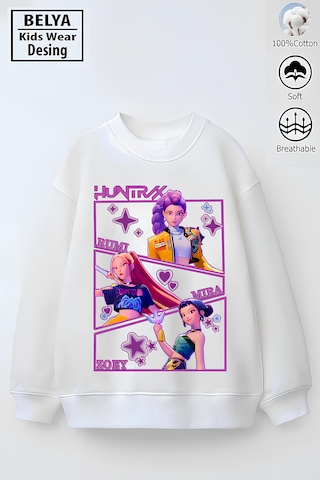 Tam Kalıp Oversize Kız Çocuk Pamuğa Pamuk 3 İplik Kumaş Pop Tasarım Sweatshirt Beyaz