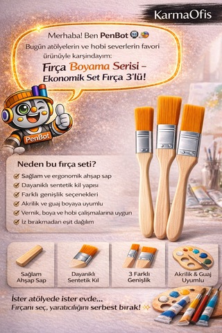 Ekonomik Set Fırça 3 Lü Düz Uçlu Ahşap Sap, Akrilik & Guaj Boya Uyumlu