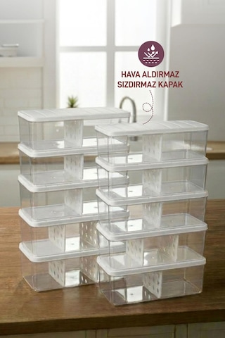 10 Adet 2 Lt. Nora Bölmeli Organizer Buzdolabı Buzluk Düzenleyici Saklama Kabı Ekru