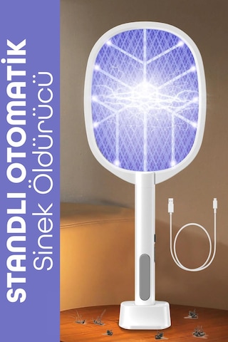Usb Şarjlı Uv Işıklı Elektrikli Sivrisinek Öldürücü Raket Sinek Öldürücü Arı Sivri Sineksavar 806l Beyaz