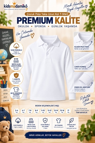 Kidsmadamiko Kız Çocuk Kız Çocuk Polo Yaka T-shirt Uzun Kollu Manşetli %100 Beyaz