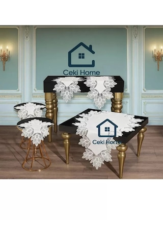 Storeşahin Salon Takımı 5 Parça Dantelli Keten Masa Örtüsü Runner Seti Çeyizlik Pera Model No 3982 Krem Shn0720