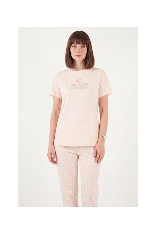 Lela Desenli Pamuklu Bisiklet Yaka Kaprili Pijama Takımı Bayan Pijama Takımı 65790787 Turuncu