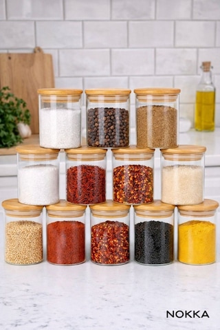 12 Adet Bambu Kapaklı Borosilikat Baharatlık, Saklama Kabı, Çerezlik 200 Ml Diğer
