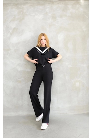 Modasize Osy Modal Yumuşak Dokulu Kumaş Bisiklet Yaka Parçalı Detaylı Kısa Kollu Takım - Siyah Siyah