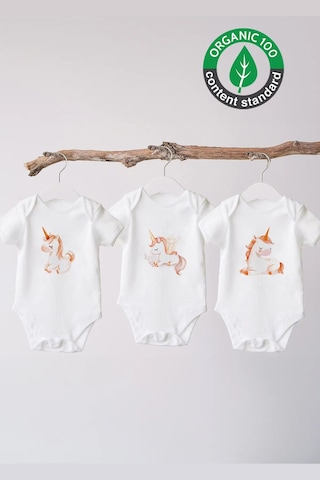 Lilabio %100 Organik Pamuk 3'lü Baskılı Kısa Kollu Bebek Body Unicorn Beyaz