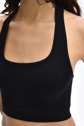 Subtone Boyundan Geçmeli Ribli Crop Top Siyah