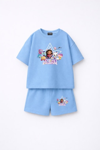 Fasardi Gabby's Dollhouse / Gabby'nin Hayal Evi Baskılı Oversize %100 Pamuk Tişört Şort 2li Çocuk Takım Mavi