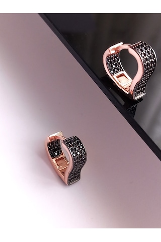 Gümüş Gold Siyah Taşlı Kalp Tasarım Trend Kadın Halka Küpe