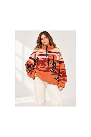 Nova Earth Art Kadın Desenli Yarım Fermuarlı Peluş Sweatshirt Kaktüs Desenli Çok Renkli