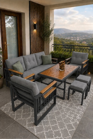 Rovena Esinti Balkon Takımı, Antrasit Bahçe Takımı 5+1 Masa 70x110 3lü Koltuk 70x180 Tekli Koltuk 70x70 Gri