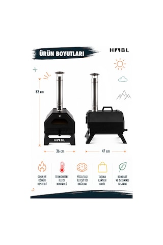 Habl Portatif Pizza Fırını Odun Ve Kömürlü Taşıma Çantalı Pizza Taşı Dahil Kamp Tipi Fırın Siyah
