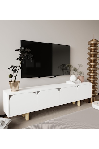 Lazio Bohem Ahşap Ayaklı Tv Ünitesi Tv Sehpası Beyaz