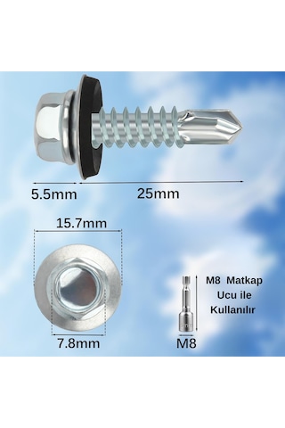 Trapez Çatı Vidası 5.5x25 Mm 100 Adet Matkap Uçlu Sac Akıllı Vida Çatı Panel Metal Ağaç 1