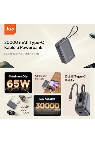 Tr 30000mah 65w Led Ekranlı Usb-a + Type-c Dahili Kablolu Powerbank Taşınabilir Pd Hızlı Şarj Cihazı