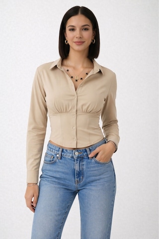 Trend Alisse Kadın Vucuda Oturan Vizon Beli Lastikli Korse Crop Gömlek VİZON