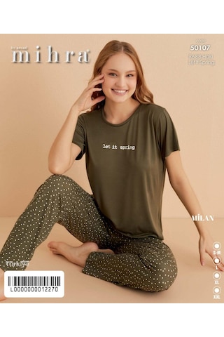Mihra Kadın Bisiklet Yaka Milan Likralı Kısa Kol Pijama Takımı 50107h - 1 Adet Haki