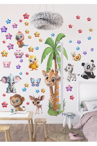 Sevimli Hayvanlar Temalı Boy Ölçer Duvar Sticker Mat, Sökülebilir, Çocuk Odası Dekoru 01