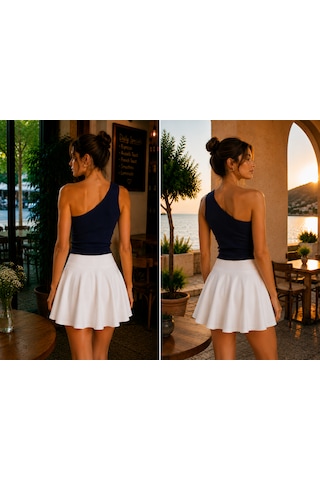 Feyece 2'li Siyah Lacivert Tek Omuz Detaylı Kaşkorse Bluz Crop Lacivert - Siyah