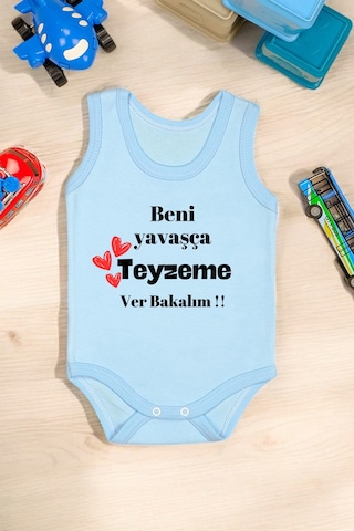 Bebetospik %100 Pamuklu Beni Yavaşça Teyzeme Ver Baskılı Yumuşak Doku Baskılı Zıbın & Body Mavi