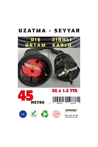 45 Metre Dış Ortam Spiral Zırhlı Uzatma Kablosu - G3x1.5 Kablo Kesiti 45 Metre