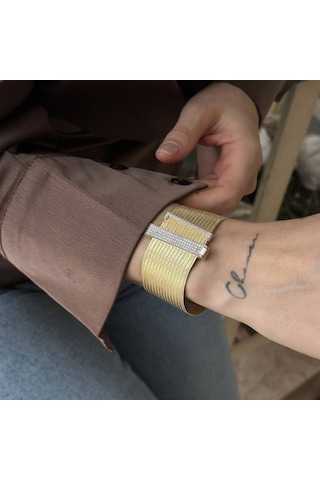Engingold Elizi Hasır 15 Sıra Taşlı Altın Bileklik Işıltılı Şık Model Sarı Altın