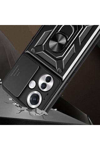 Oppo Reno 11f 5g Kılıf Magnetik Standlı Kamera Korumalı Zore Sürgülü Vega Kapak Siyah
