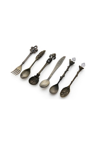 Sones Adet / Set Vintage Mini Kahve Kaşıkları Takım Kraliyet Tarzı Metal Oymalı Kahve Meyve Kesici Tatlı Çatal Bıçak Takımı Mutfak Aletleri Antik Bronz Antik Çatalla