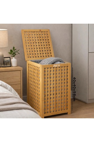 Kalın Ahşap Bambu Kirli Çamaşır Sepeti Kumaş Çantalı Sepet 40x40x58cm Bx40 Çok Renkli