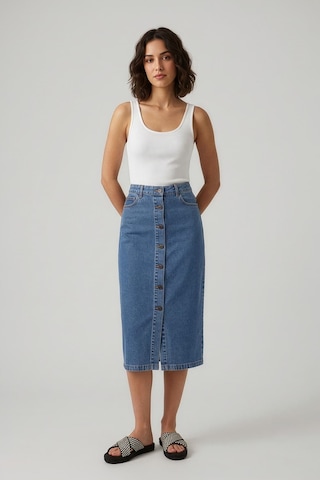 Blue White Önden Düğmeli Yüksek Bel Uzun Mavi Denim Etek