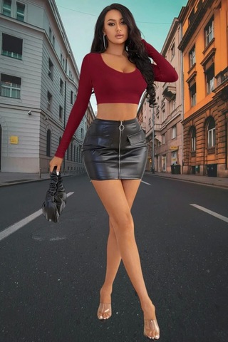 Beru Bordo Derin U Yaka Crop Top Uzun Kollu Dar Kesim Kadın Bluz L - XL