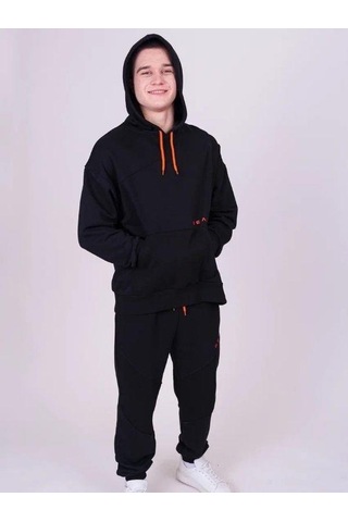 Erkek Çocuk Kapüşonlu Sweatshirt Real Yazılı Jogger Eşofman Takım - 13416 - Siyah