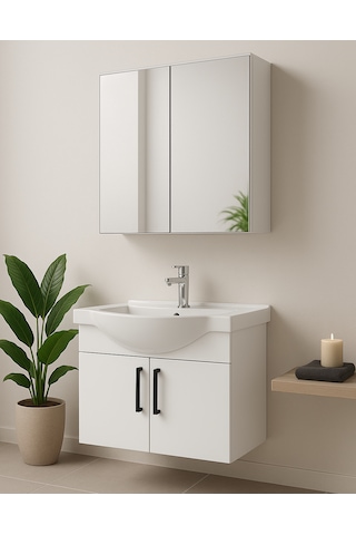 Nova 80 Cm Mdf Beyaz, Oval Seramik Lavabo, Banyo Dolabı Beyaz