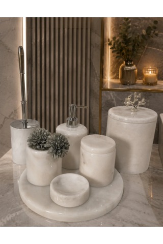 Akmera Elite 7 Parça %100 Gerçek Mermer Banyo Seti beyaz - Krom