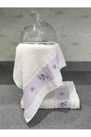 %100 Pamuk & Nakışlı Havlu Takımı - 2'li Dantelli Havlu Seti - 40x60 Cm Lila Lila