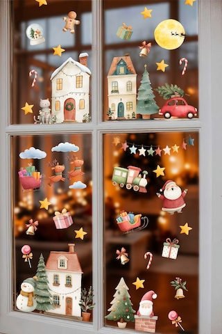 Yılbaşı Cam Sticker Seti 35+ Parça Büyük Boy Noel Pencere Süsleri Çıkart & Yapıştır Çocuk Odası Salon Vitrin Dijital Baskı