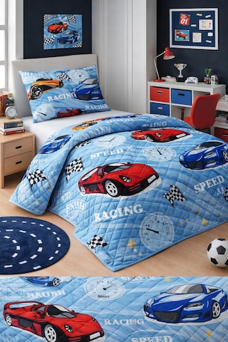 Erkek Çocuk Genç Pike Yatak Örtüsü Takımı Araba Desen Kapitone Pamuklu 4 Mevsim Çarşafsız 160x230 Mavi
