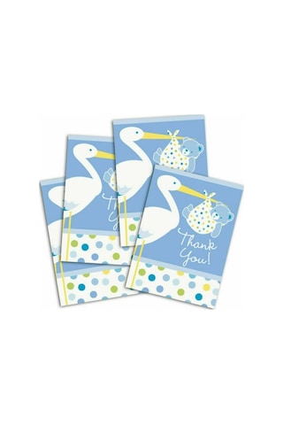Mavi Renk Baby Stork Baby Shower Teşekkür Zarfı ve Not Seti 8 Adet