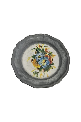 Vintage Zınn Çerçeveli Dekoratif Çiçek Temalı Duvar Tabağı 10cm 010