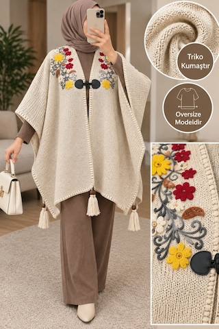 Genel Markalar Novea Scarf Renkli Nakış İşlemeli Triko Panço Krem - 942434618 Krem