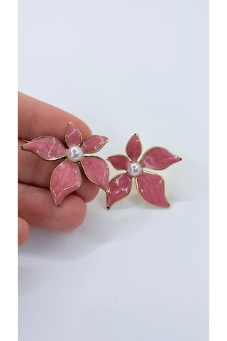 Rhea Jewelry Çiçek Figürlü Renkli Çelik Küpe 3,5 Cm İnci Detaylı Kadın Küpe Pembe
