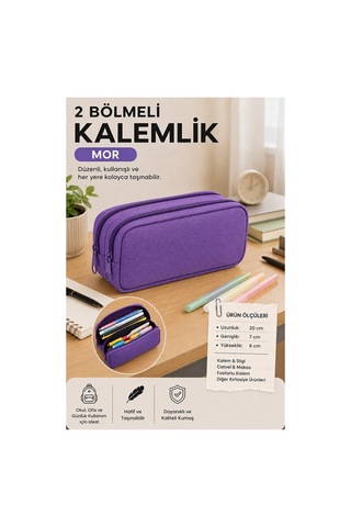 Mor Bez Kalemlik 1 Adet Stilo Kl22 İki Bölmeli Fermuarlı Bez Kalemlik Kırtasiye Çocuk Okul Kalem Makyaj Kutusu