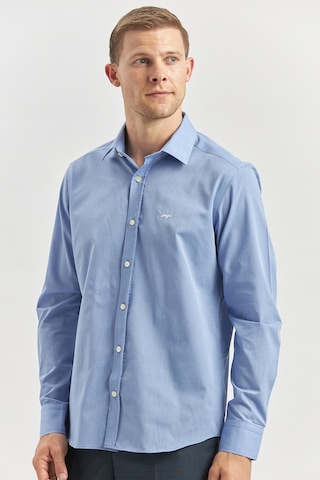 İmza Mavi Uzun Kol Düz Filafil Sert Yaka Cepsiz Pamuklu Classic Slim Fit Gömlek 1004240913 Mavi