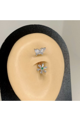 Aya Tasarım Gümüş Renk Kelebek Ve Çiçek Model Göbek Piercing Gümüş