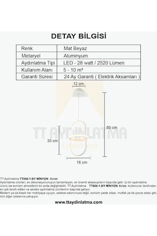 Tt006-1-By Tt Aydınlatma Minyon Modeli Tekli Mat Beyaz Led Avize